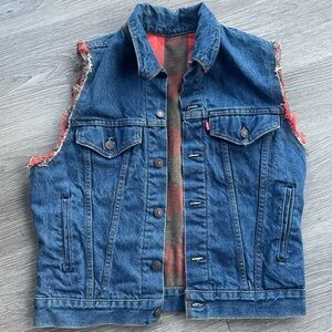 Vintage Levi's Distressed Blue Denim Vest with Red flannel lining